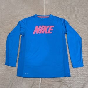 Nike Blue Long Sleeve Dri-FIT Shirt with Pink Logo